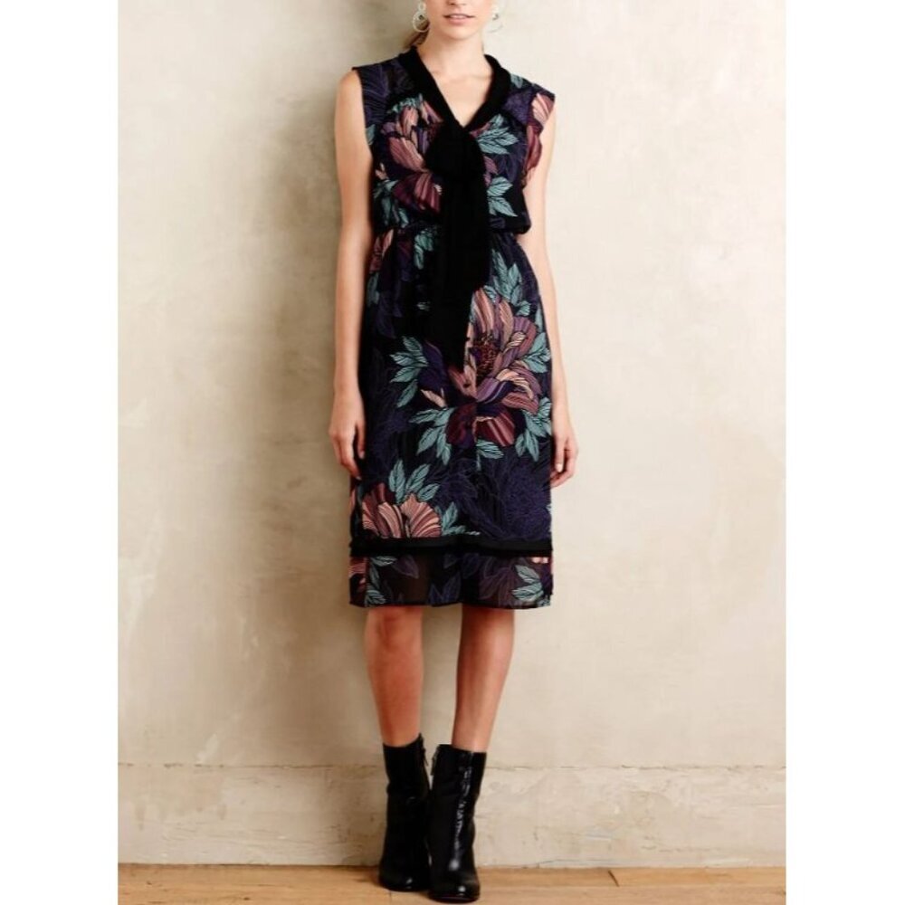 Anthropologie Maeve Brelin Floral Midi Dress Sleeveless Chiffon‎ Black Sz S